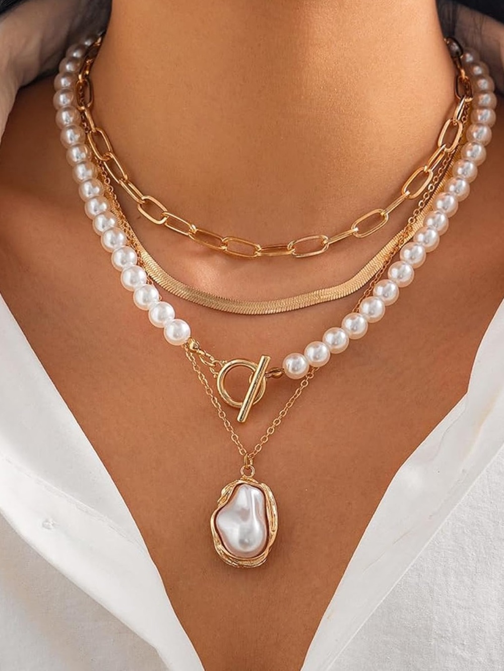 Anthropologie Gold and White Pearl Layered Pendant Necklace - Picture 5 of 6